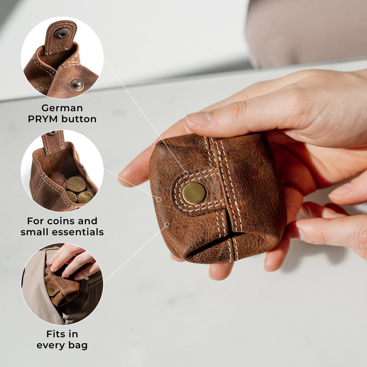 Berliner Bags Vintage Genuine Leather Coin Pouch Lena, Change Purse for Women and Men, Coin purse with snap - Brown