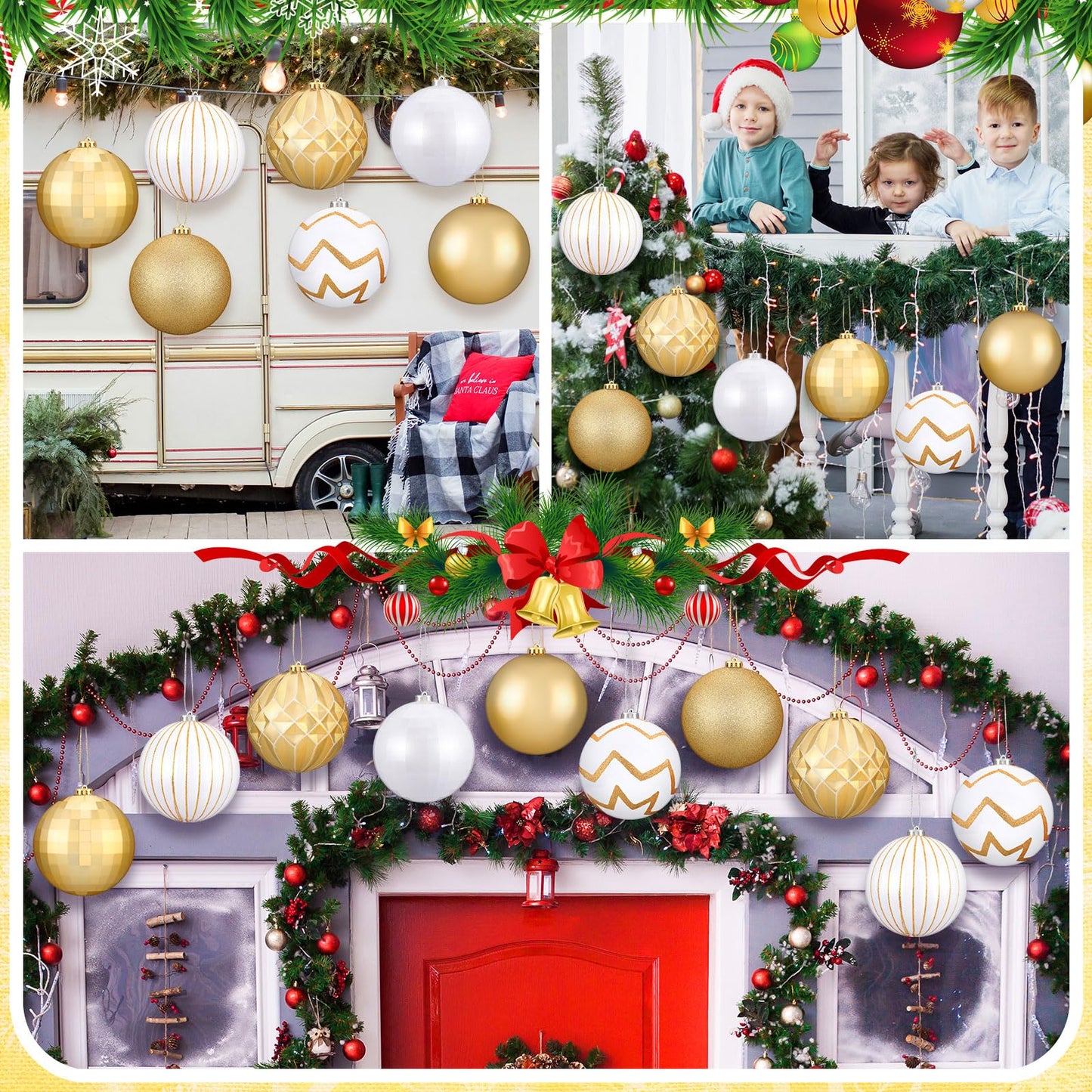 Wettarn Set of 8 Large Christmas Ball Ornaments 6 Inch White Gold Glitter Hanging Christmas Plastic Balls Indoor and Outdoor Hanging Christmas Tree Decorations for Lawn Yard Garden