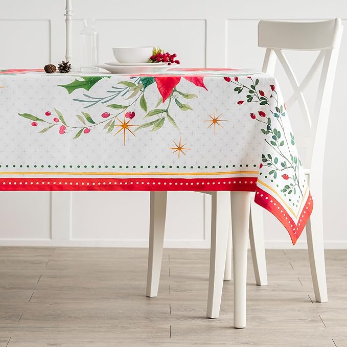 Maison d' Hermine Table Cloth Rectangle Table 100% Cotton 70 x 120 Inches Fall Tablecloth Reusable Everyday Use for Thanksgiving Christmas Decorations Dining Farmhouse Party (Poinsettia Christmas)