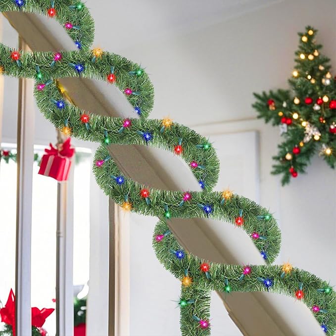 WATERGLIDE Lighted Christmas Green Garland 15FT, with Multicolor String Lights, Pre-lit Artificial Greenery Garlands, Plug in & Connectable Xmas Lights for Indoor Outdoor Holiday Party Decor