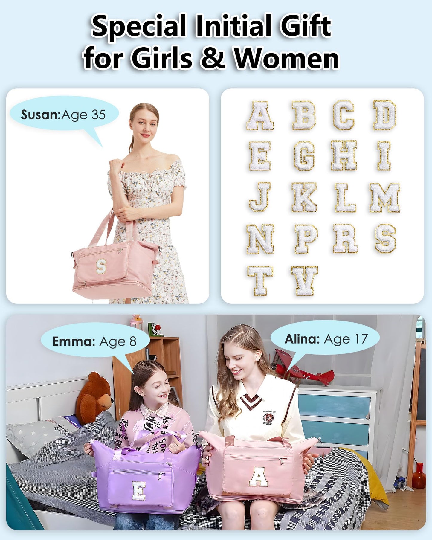 Teenage Girl Gifts, Weekender Bags for Women Travel, Initial Large Overnight Weekend Duffel Bags for Traveling with Shoe Compartment,GYM Duffle Bag for Kids Preteen Tween-Pink M