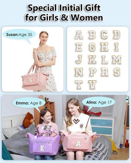 Teenage Girl Gifts, Weekender Bags for Women Travel, Initial Large Overnight Weekend Duffel Bags for Traveling with Shoe Compartment,GYM Duffle Bag for Kids Preteen Tween-Pink M