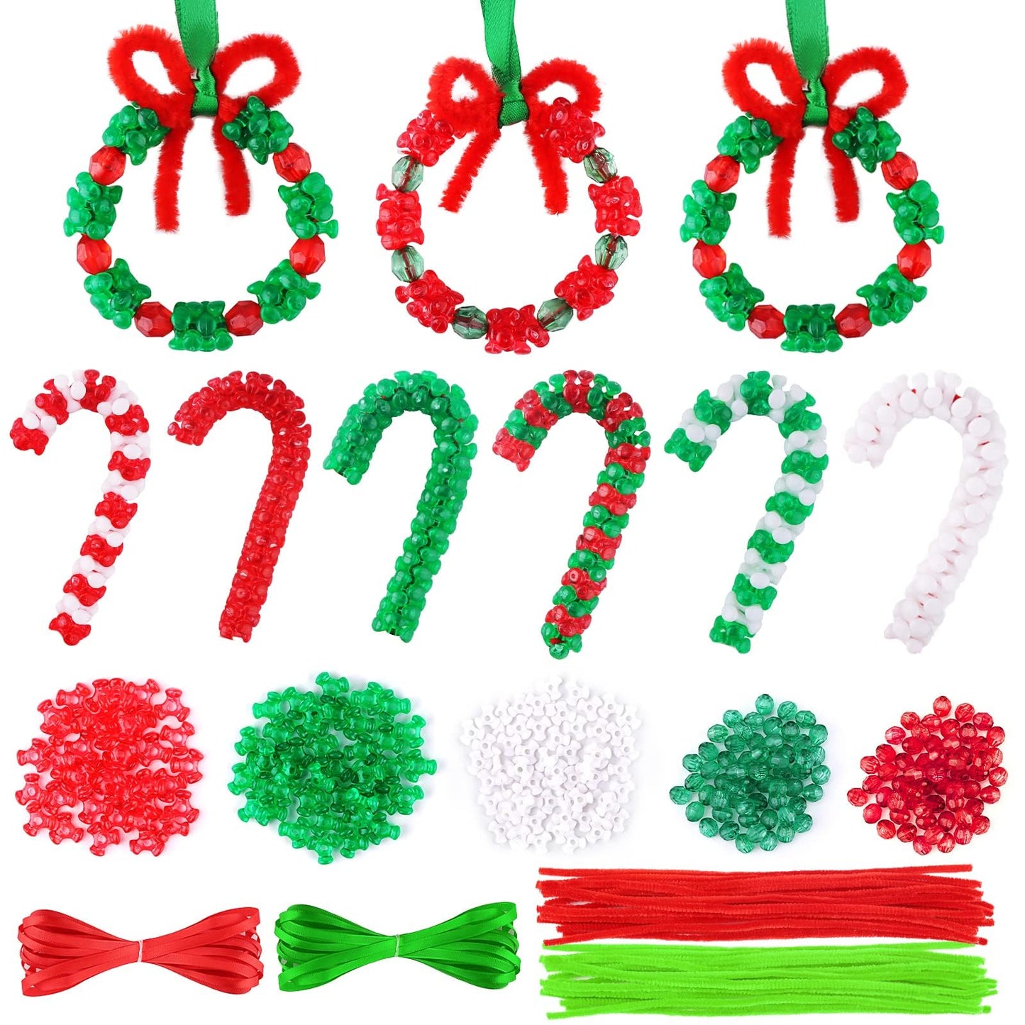Lanstics Christmas Craft Kit - 60 Sets Beaded Ornament Kit Including Wreath, Candy Cane for Xmas Tree Decorations - Adults & Kids - Assembly Needed
