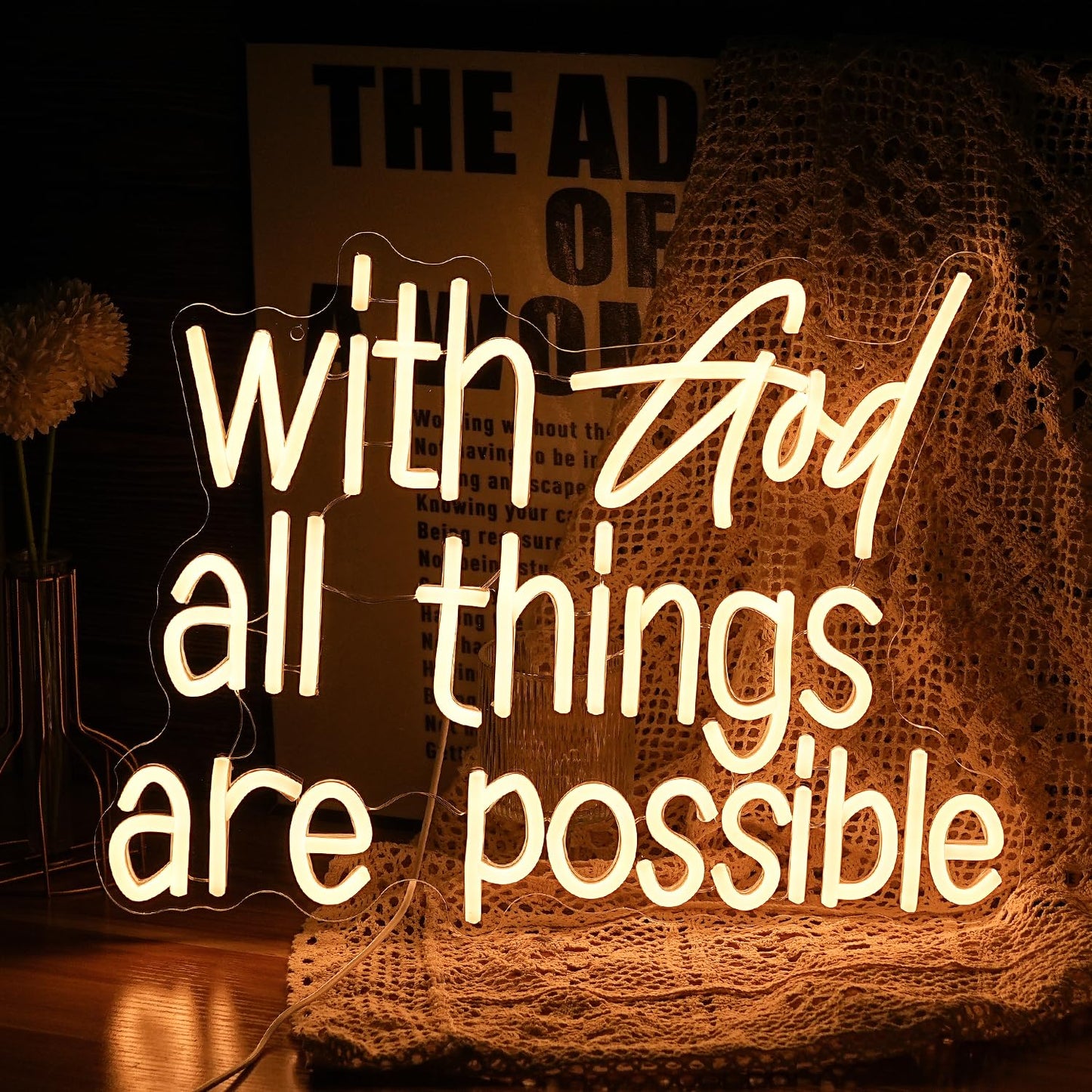 With God All Things Are Possible Neon Sign Bright Warm White God Led Neon Lights for Wall Decor Dimmable USB Powered Light up God Sign 16.9*13 Inch Neon Light Sign for Room Party Wedding Church Decor
