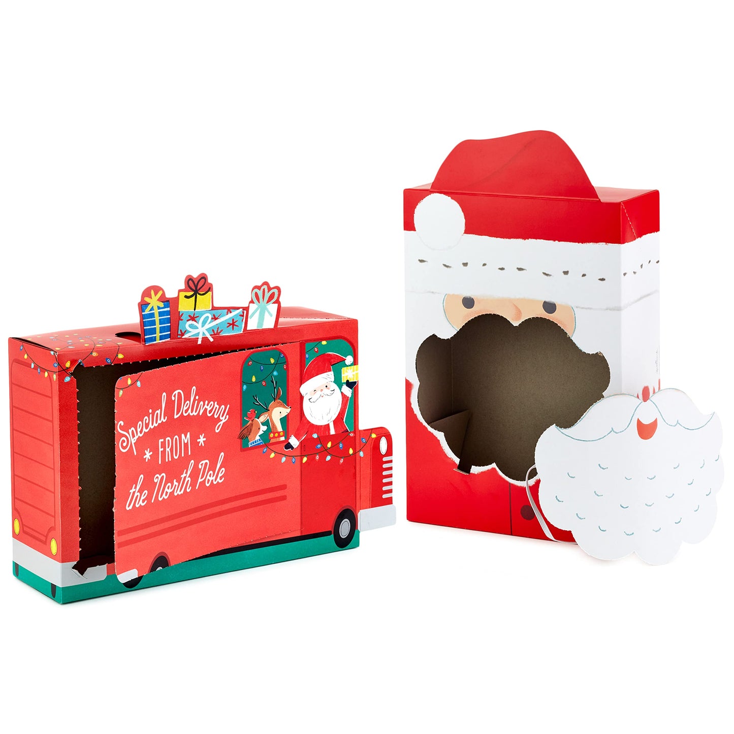 Hallmark Self-Sealing Christmas Gift Box Set with Zip Opening (Red Truck, Santa with Removable Beard Mask) for Kids & Grandchildren