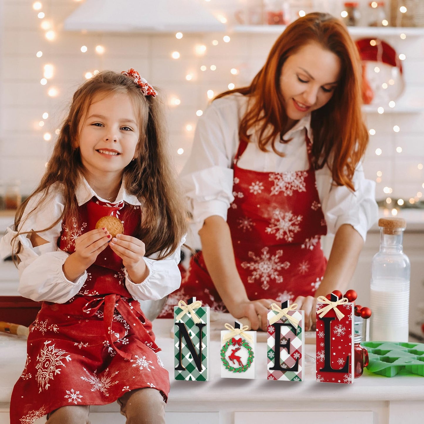 Christmas Wooden Noel Decorations,4Pcs Rustic Christmas Table Sign Decor,Letter Freestanding Xmas Centerpiece Table Tiered Tray Sign for Indoor Party New Year Winter Holiday Home Fireplace