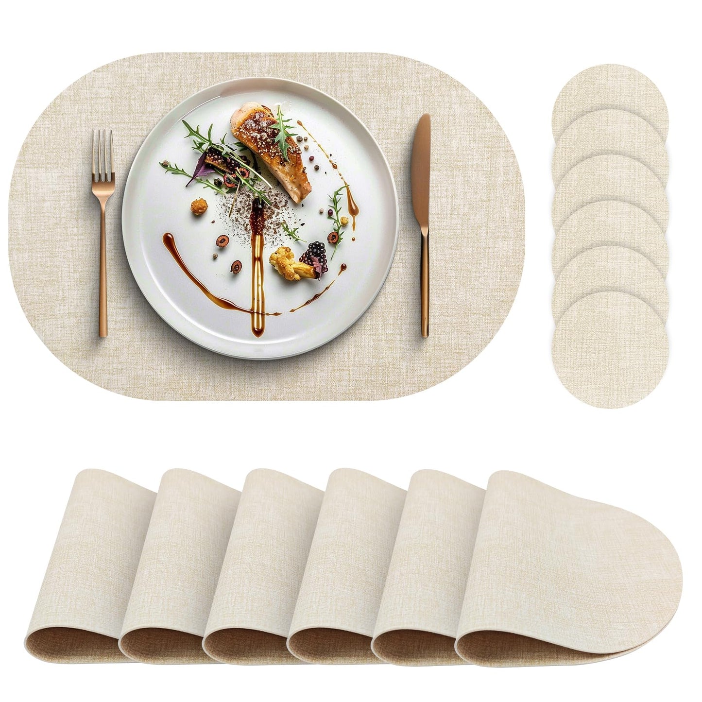 yuuzue Faux Leather Placemats Set of 6 with Matching Coasters, Heat Resistant PU Oval Placemats, Waterproof Wipeable Washable Place Mats, Non-Slip Table Placemats for Dining Table Kitchen Patio