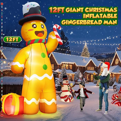 12FT Giant Christmas Inflatables Gingerbread Man Built-in Bright LED Light, Huge Christmas Decorations Outdoor Hold Candy Cane & Gift Large Christmas Blow Up Yard Decoration for Xmas Holiday Party