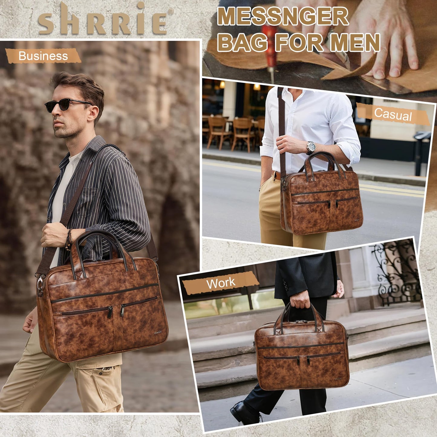 Shrrie Leather Messenger Bag for Men and Women 16 inch Laptop Bag,Water-Resistant Retro Leather Briefcase for Men,Mens Satchel Bag Crossbody for Office,Business,Work