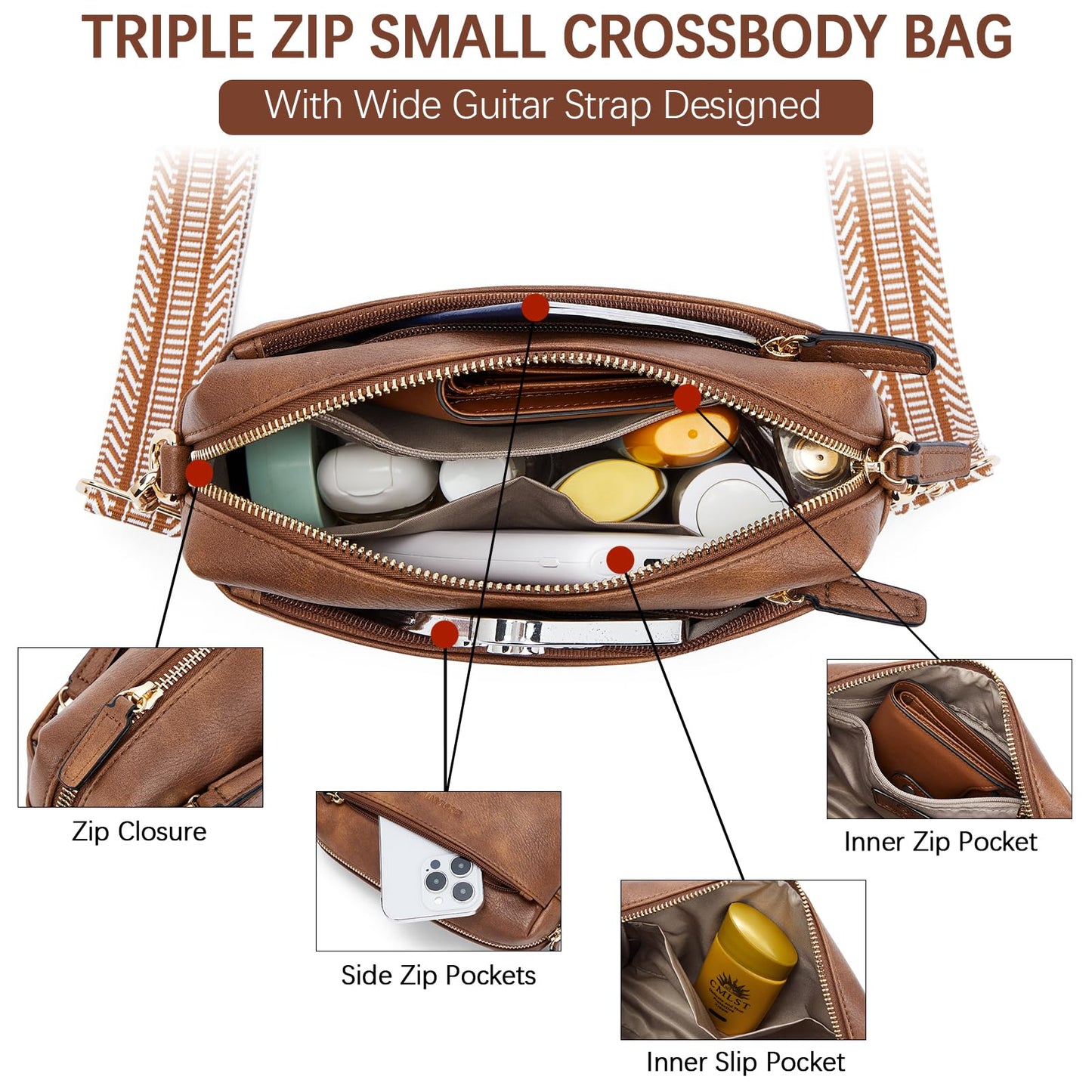 BOSTANTEN Small Crossbody Purse for Women Triple Zip Cell Phone Leather Shoulder Handbag with Wide Guitar Strap Brown