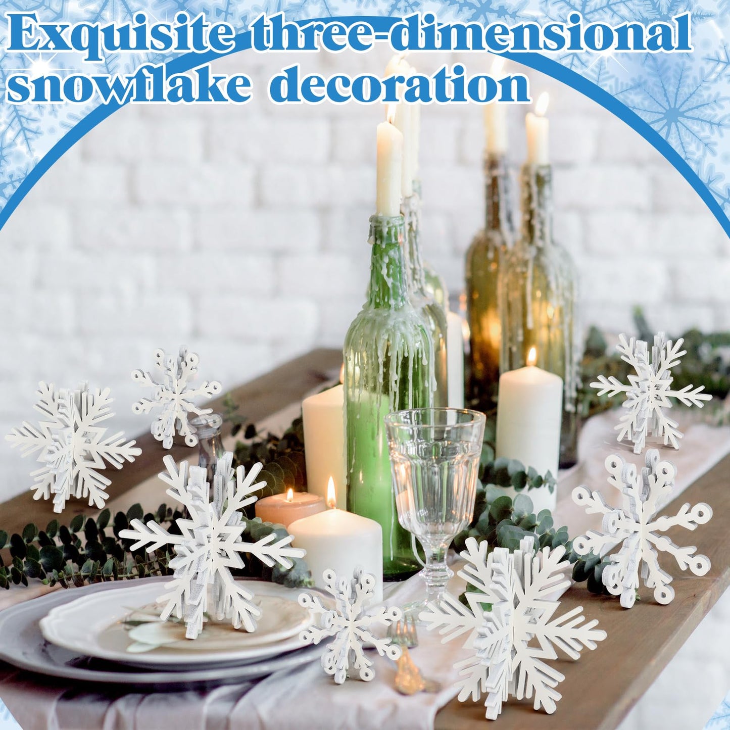 Blulu 24 Pcs Wooden Snowflake Decorations 3D White Snowflake Tabletop Signs and Centerpiece Winter Wooden Decor for Christmas Xmas Winter Decoration Home Party