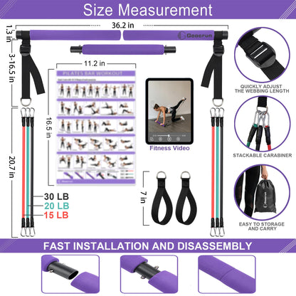 Goocrun Portable Pilates Bar Kit with Resistance Bands for Men and Women - Home Gym, Workout Kit for Body Toning – with Fitness Poster and Video