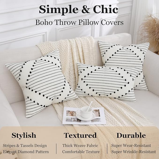 Mecatny Boho Outdoor Throw Pillow Covers 12X20 Set of 2, Farmhouse Lumbar Pillow Covers for Couch Sofa Living Room, Black & Cream White