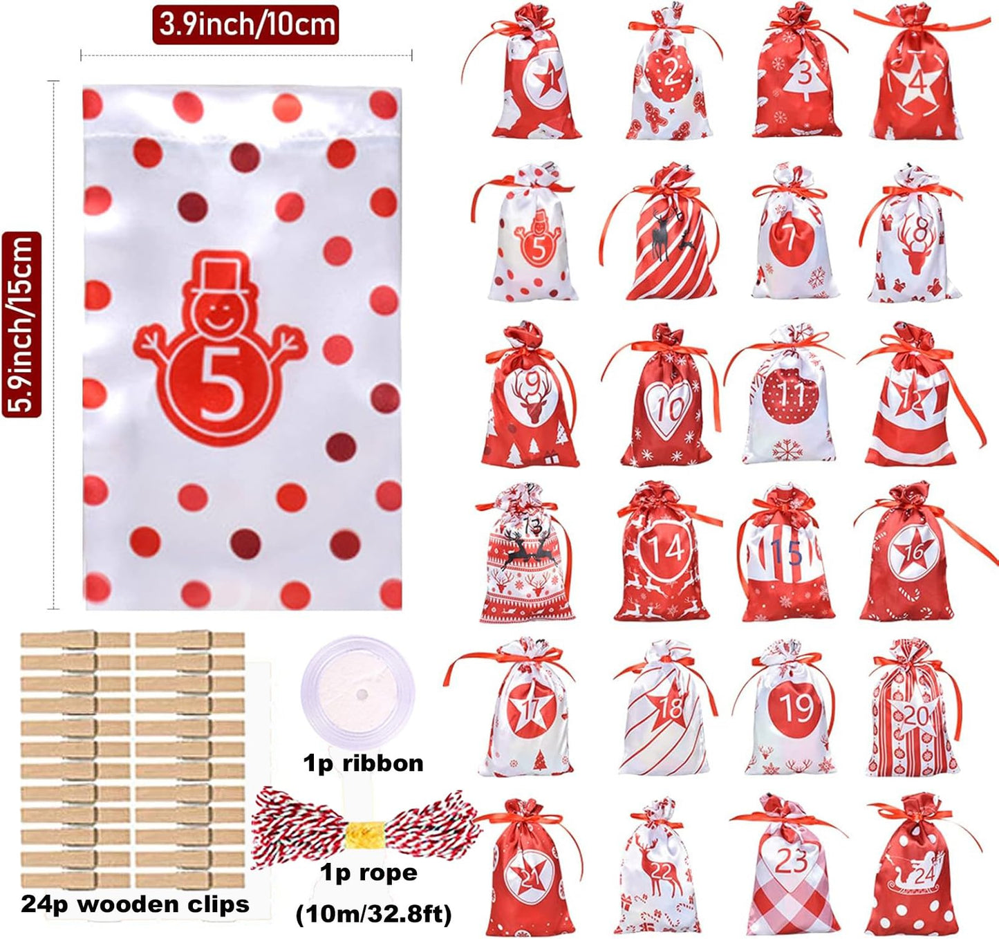 24 Pcs Christmas Drawstring Gift Wrap Bags Reusable Advent Calendar Bags Cute Xmas Candy Toys Goody Treat Bag Pocket for Holiday Weedings Birthdays Party Favor Home Storage Gift Bag