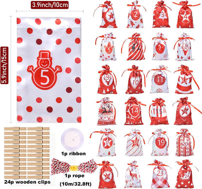 24 Pcs Christmas Drawstring Gift Wrap Bags Reusable Advent Calendar Bags Cute Xmas Candy Toys Goody Treat Bag Pocket for Holiday Weedings Birthdays Party Favor Home Storage Gift Bag