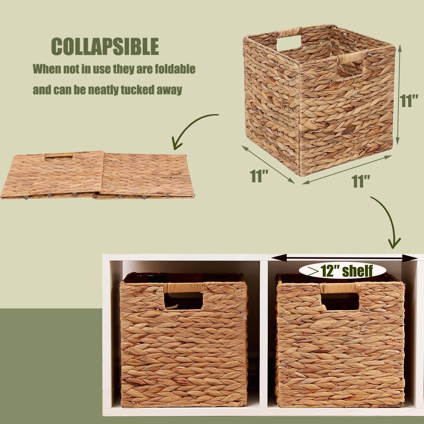 11x11in Storage Baskets 4 Pcs Square Baskets for Cube Shelf,Foldable Handwoven Water Hyacinth Storage Bins for Laundry Organizer