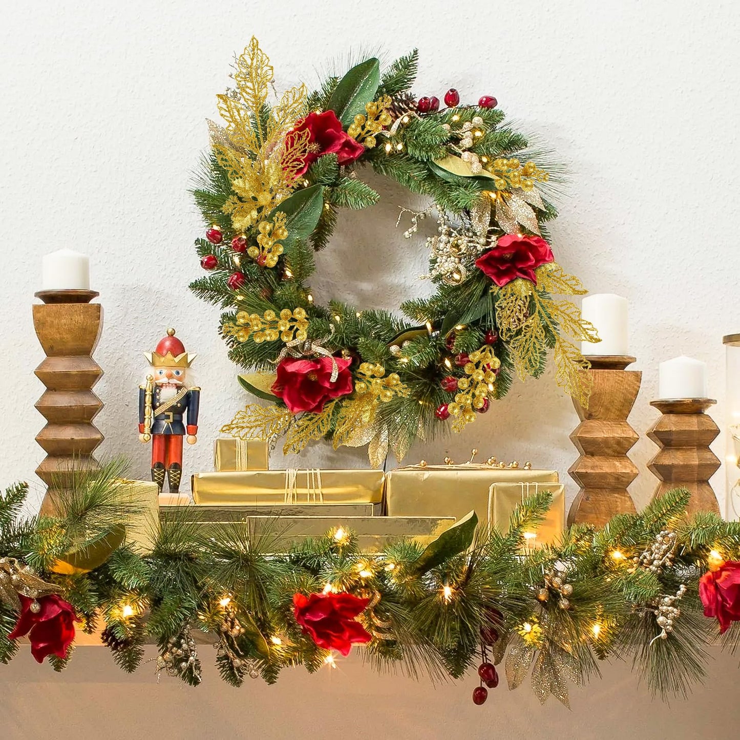 Alupssuc 24 PCS Christmas Tree Decorations, 12 PCS Poinsettia Flowers Artificial+6 PCS Glitter Holly Berry Stems+6 Berry Leaves Christmas Tree Picks for Party Wreath Fireplace, Gold