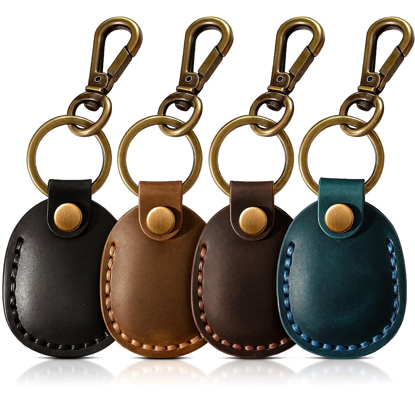 Q1T5 4 Pack Genuine Leather Airtag Holder - Hidden Holder Compatible with Apple AirTag 2nd & 1st Gen, Handmade Genuine Leather with Metal Rings - Full Coverage Case Gift Set