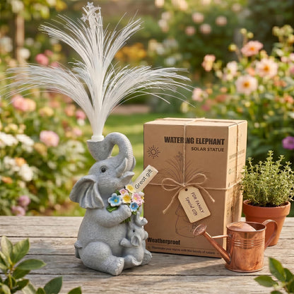 Vuees Solar Elephant Statue with Fiber Optic Light, Resin Animal Figurine Garden Decor, Waterproof Outdoor Sculpture Ornament for Patio, Yard, Porch and Lawn Decoration