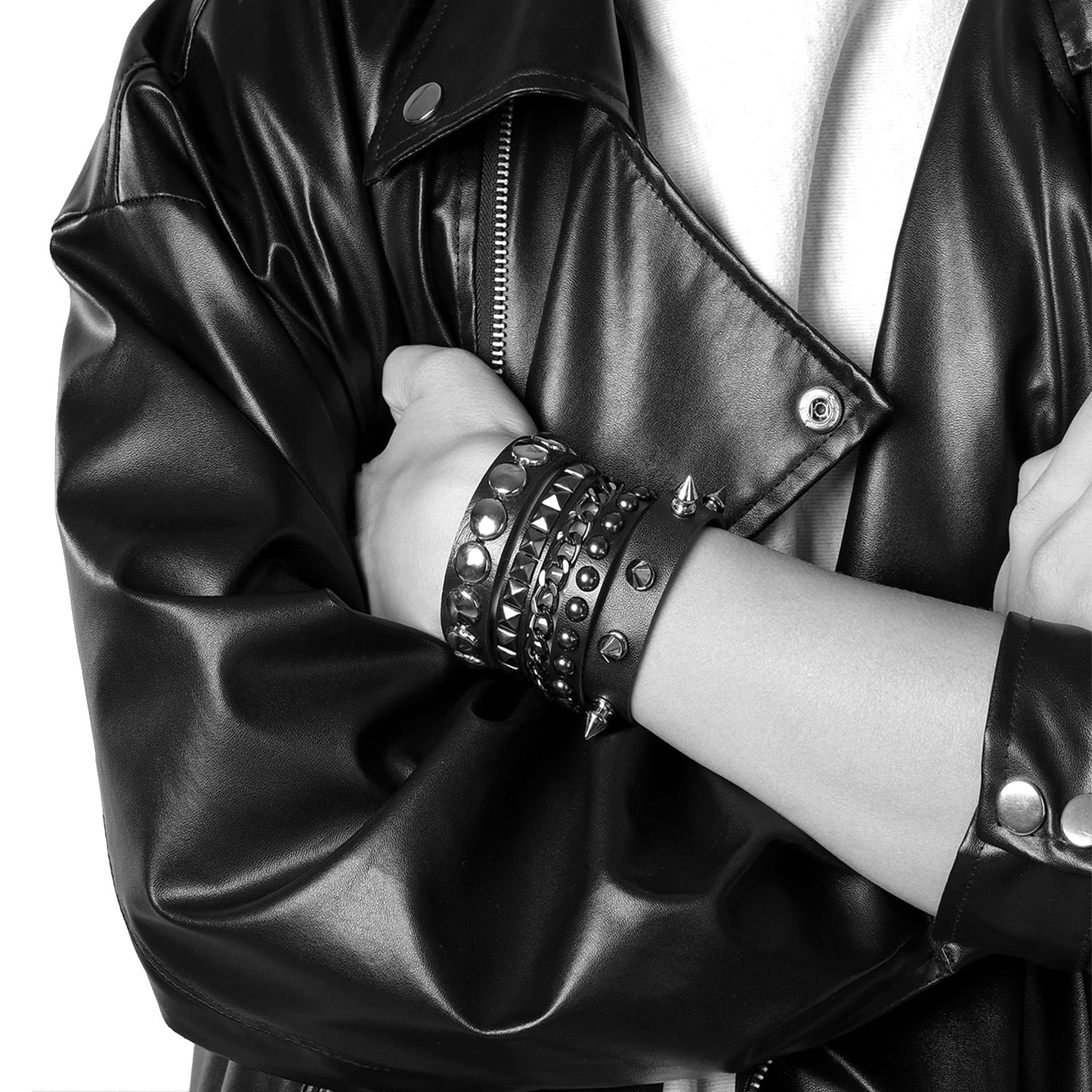 Eigso 3 Pcs Leather Punk Bracelets for Men Women of Rock Rivet Wrap Retro Spike Bracelet Adjustable