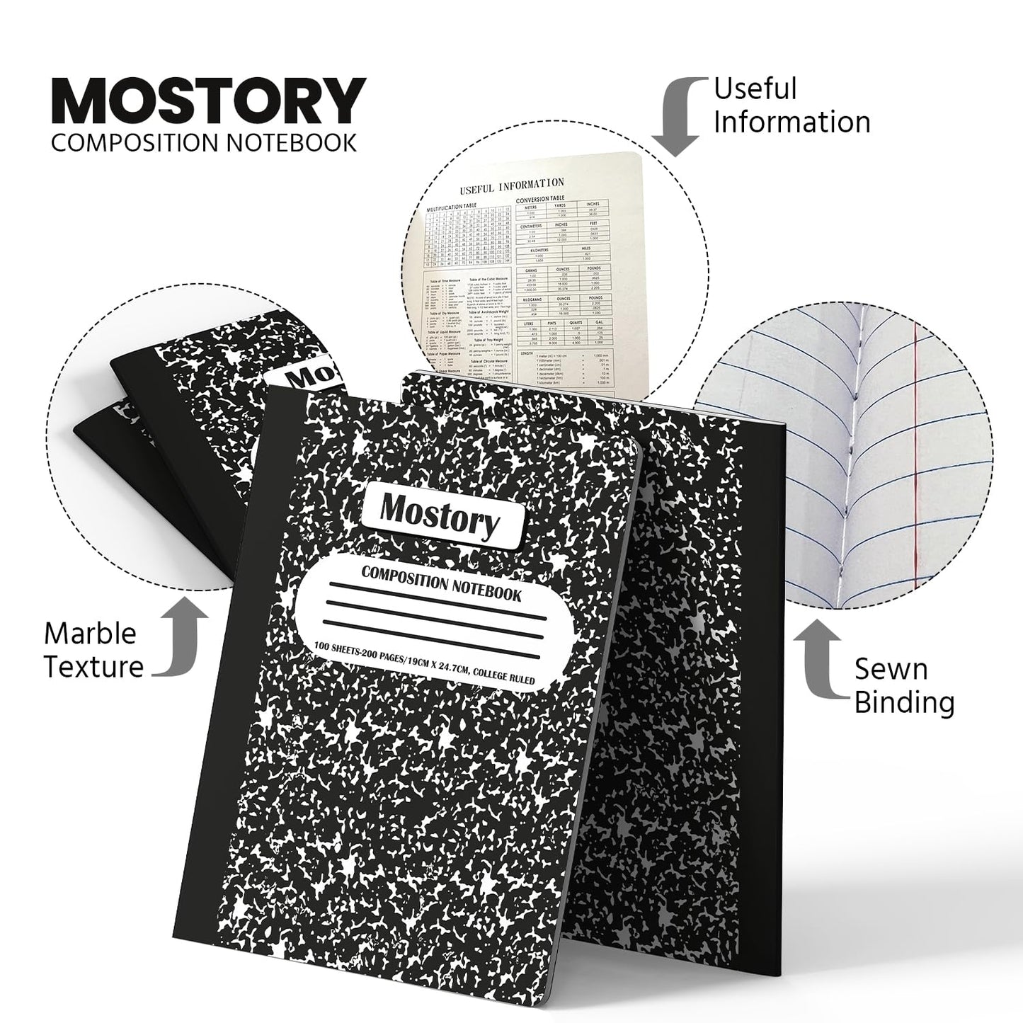 MOSTORY Pack of 10 Composition Notebook - College Ruled 200 Pages (100 Sheets), Size 7.5" x 9.75", Bulk School Supplies, Office, Bulk Notebooks for School, Writing Journal Notebook with Lined Paper