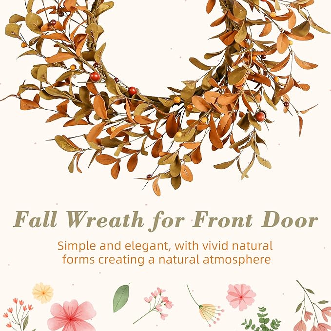 YNYLCHMX 18" Fall Wreaths for Front Door, Artificial Autumn Wreath, Fall Door Wreath with Brown Eucalyptus Leaves for Home Porch Window Wall Farmhouse Decor, Indoor Outdoor, Holiday Decor
