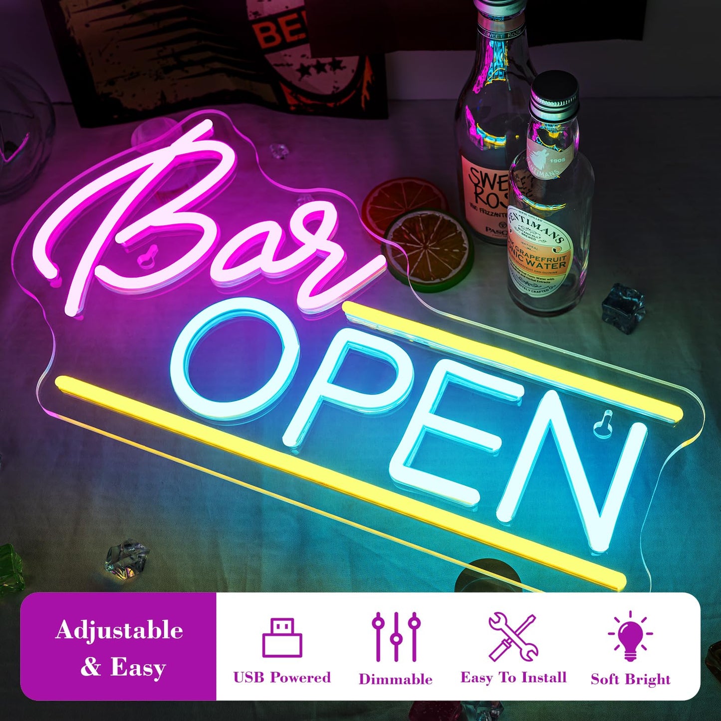 WX&YH Bar Open Neon Sign Led Sign for Wall Open Home Bar Decor Open Bar Neon Lights Signs for Business Window Pub Cafe Man Cave Club Restaurant Open Sign Decor Gifts to Club Party