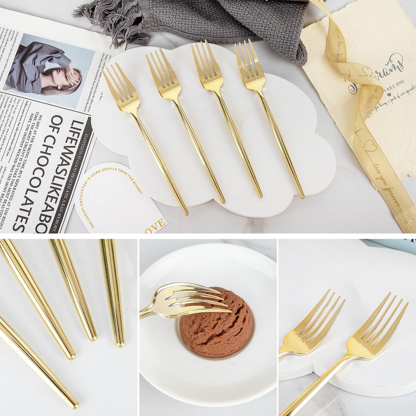 U-QE 180Pcs Gold Plastic Forks - 7.6 Inch Heavy Duty Plastic Forks, Heavyweight Gold Plastic Silverware Perfect For Parties & Weddings and Other Daily Events
