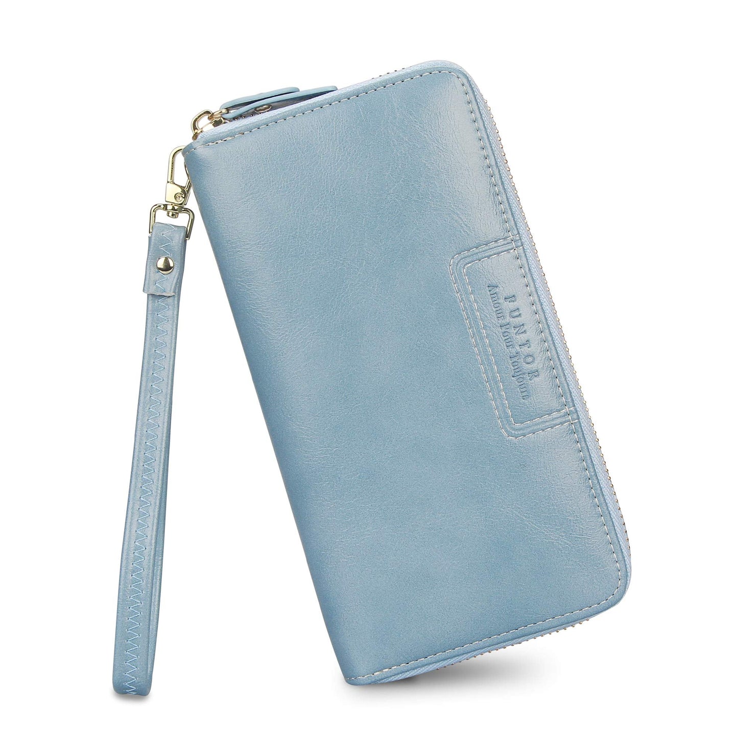 FT FUNTOR Wristlet Wallet for Women, Ladies Zip around Wallet PU Vegan Leather Clutch Long Purse Phone Card Holder Organizer Blue