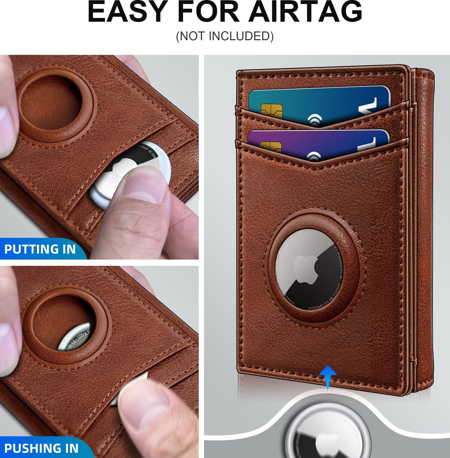 miyozi Airtag Wallet for Men,with Cash Pocket 2 ID Window 14-16 Cards Magnetic Closure Slim Trifold Leather Wallet 4.0"x3.1", RFID Blocking Front Pocket Wallet with Gift Box