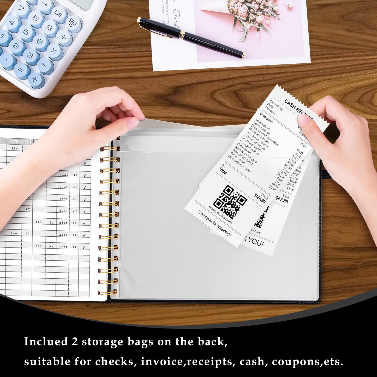 AKONEGE Accounting Ledger Book for Personal & Small Business Bookkeeping, Horizontal Income and Expense Tracker Notebook with Calendar, Hardcover Columnar Log Journal 10.78'' x 8'', Black