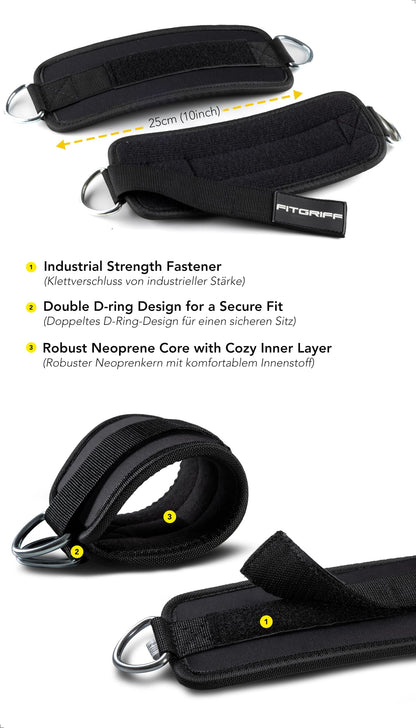 Fitgriff® Ankle Straps V1 for Cable Machine (2 Pieces) - Gym Workout Equipment - Leg Pulley Attachment, Kickback Straps (Black)