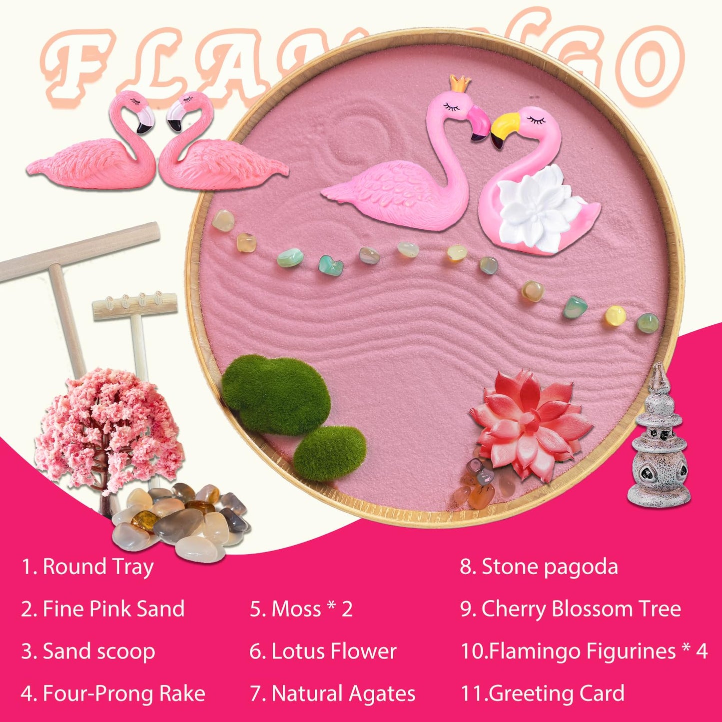Threeheng Flamingo Zen Garden for Desk - Pink Flamingo Decor, Sand Tray Therapy Kit for Desk and Office, Cute Japanese Décor Gift for Women, Mini Zen Garden for Relaxation and Stress Relief