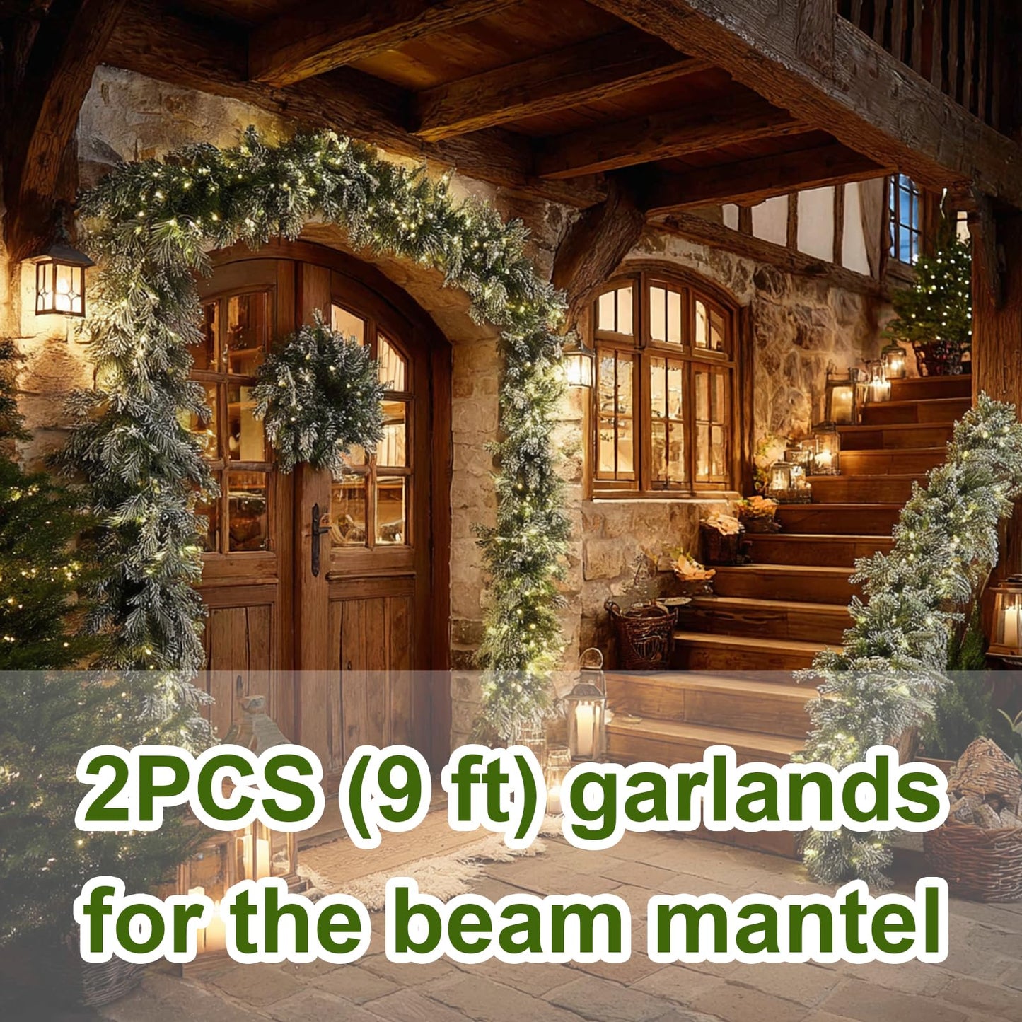 9FT Christmas Garlands Norfolk Pine Garland, Real Touch Artificial Winter Pine Garlands with Snowflake, Green Artificial Greenery Garland for Table, Wall, Mantle, Indoor, Outdoor Christmas Decorations