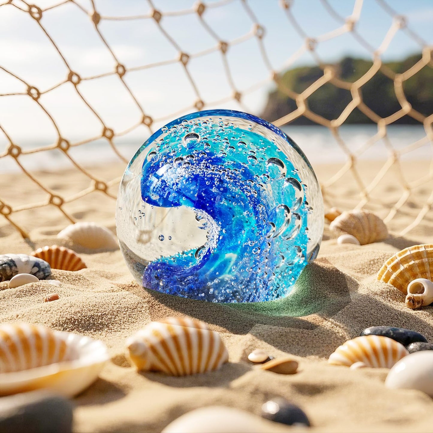 JUYOULE Hand Blown Glass Decorative Balls：Unique Ocean Wave Design, Elegant Paperweights for Office Desk, Coastal Room Decor, Beach Bathroom Decor, Sea Glass Art, Ocean Gift Idea （Blue）