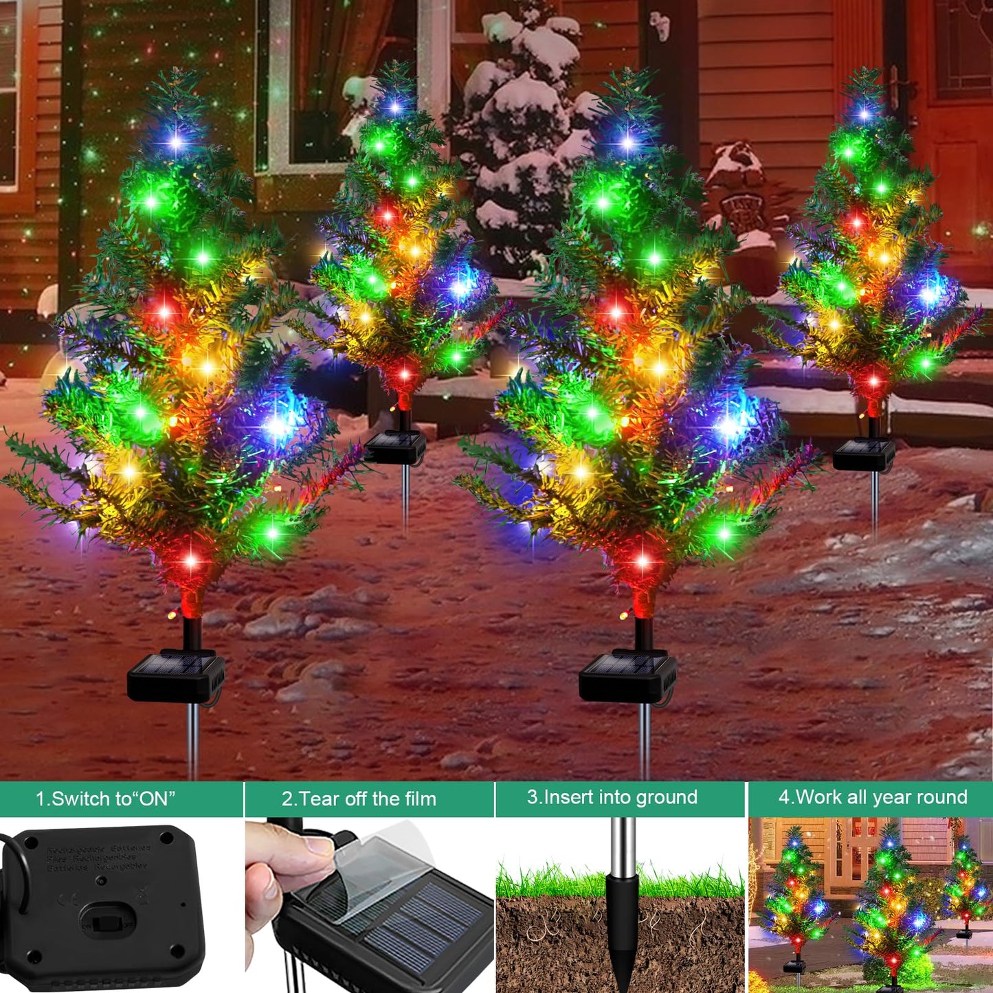 Solar Christmas Tree 4 Pack Garden Stake Light Waterproof Outdoor Christmas Decorations,2 Modes Solar Xmas Christmas Lights for Yard Front Porch Pathway Grave Garden Decor