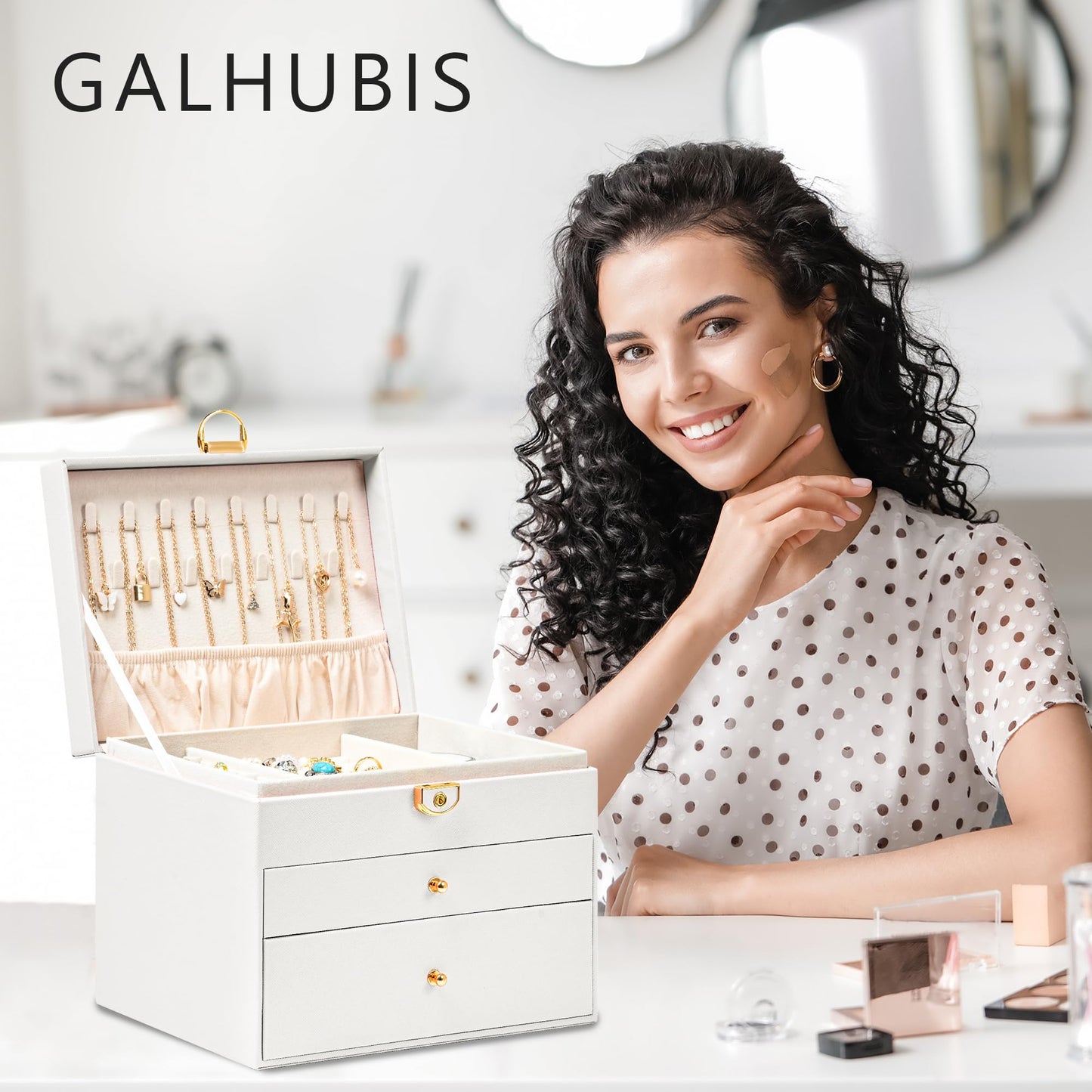 GALHUBIS Jewelry Box, 3 Layers Leather Jewelry Storage Display Box for Women, Gift Case, 2 Drawers, Large Capacity for Necklace Earrings Bracelets Rings, White