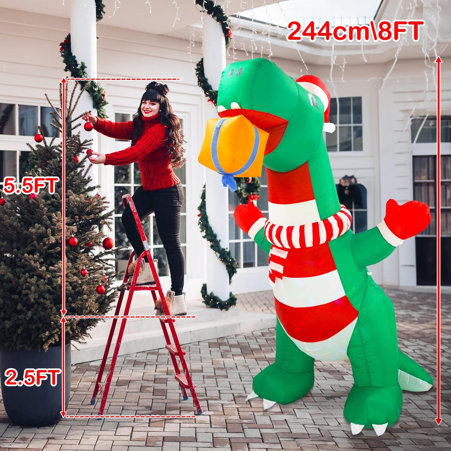 8FT Christmas Inflatables Outdoor Decorations, Blow Up Yard Dinosaur Decoration with Christmas Hat & Gift Box, Built-in LED Lights for Holiday Garden Patio Lawn Party, for Him, Her