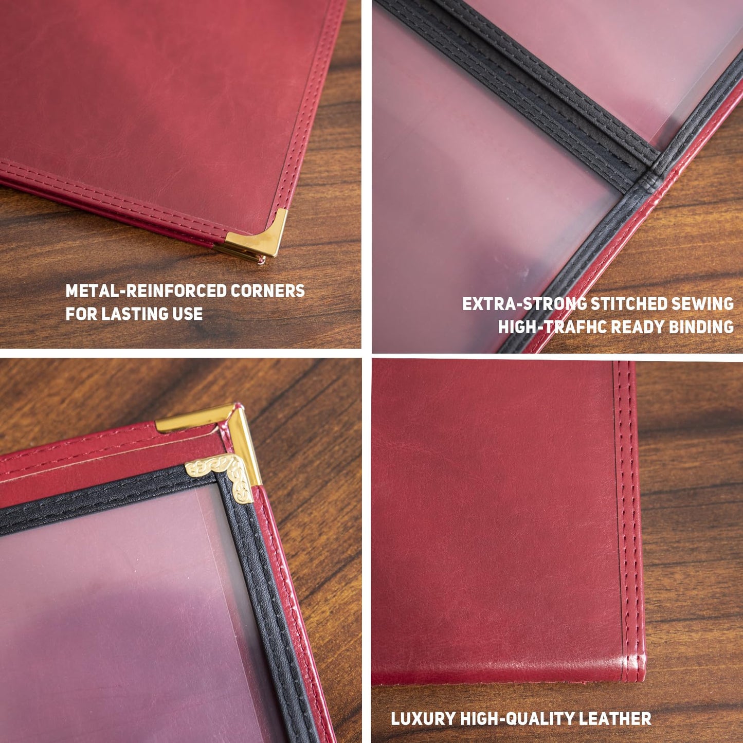 Restaurant Menu Covers 8.5×11 – 8 Page 16 View Menu Sleeve, Premium Burgundy Red Faux Leather, Waterproof Durable Menu Holder for Bar Cafe Hotel, 2 Pack