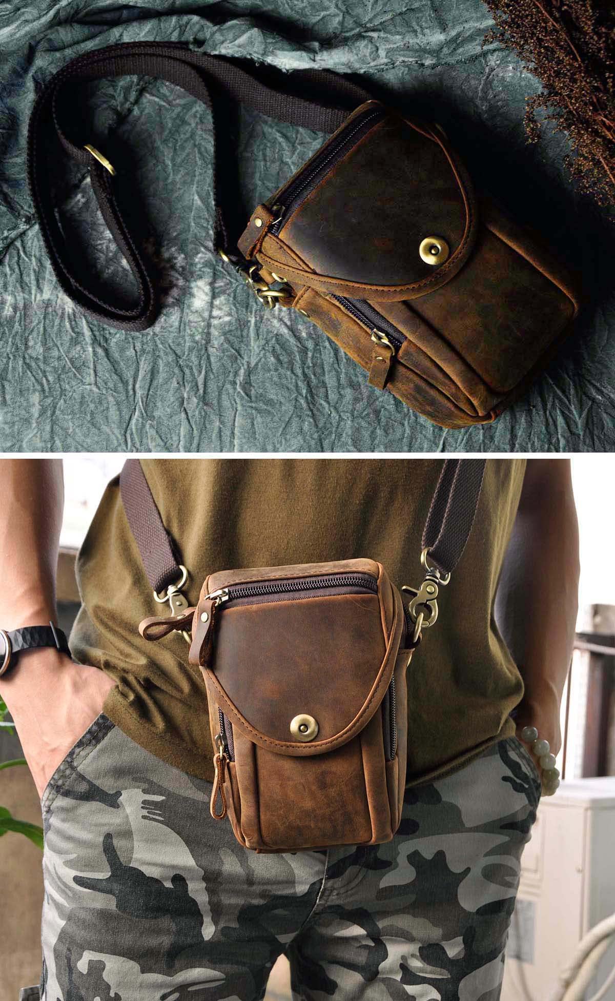 Le'aokuu Mens Vintage Small Messenger Shoulder Satchel Genuine Leather Waist Bag Pack (Dark Brown)