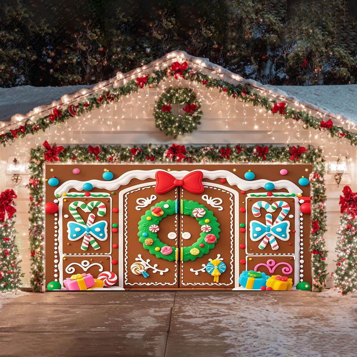 HOMETITUTE Christmas Garage Door Banner 13x6ft Gingerbread House Double Door Cover Candy Cane Backdrop Holiday Party Scene Winter Indoor Outdoor Sweet Wall Hanging Festive Gift Box Season