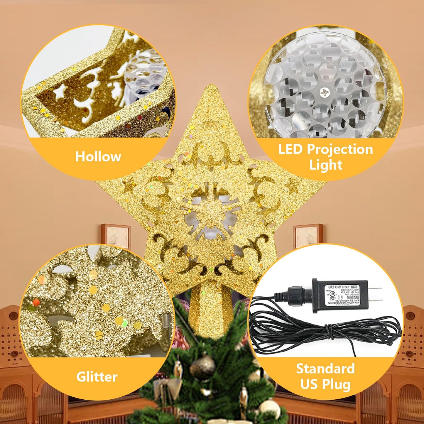 Christmas Star Tree Topper with Rotating LED Projector Lights, 3D Gold Glitter 5-Point Star, Plug-in Tree Top Ornament for Indoor Christmas Tree Decorations Holiday Decor