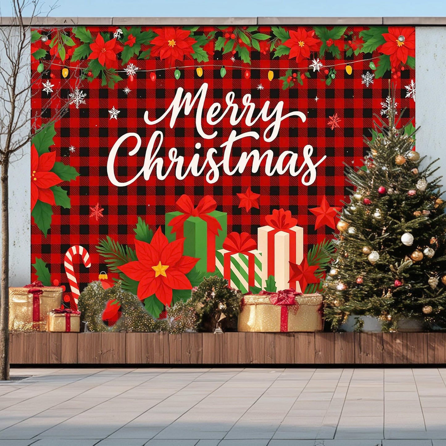 HOMETITUTE Red Black Plaid Merry Christmas Backdrop 8×6ft Holiday Photo Background Buffalo Check Party Decoration Banner with Gifts Poinsettia Greenery and Snowflakes
