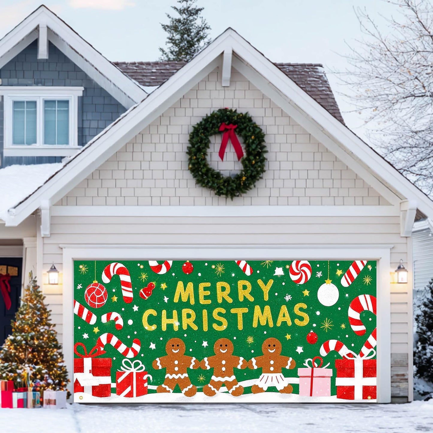 HOMETITUTE Merry Christmas Gingerbread Man Garage Door Banner 13x6ft Green Background Candy Gift Boxes Snowflakes Baubles Holiday Yard Display Photo Backdrop Outdoor Seasonal Decoration
