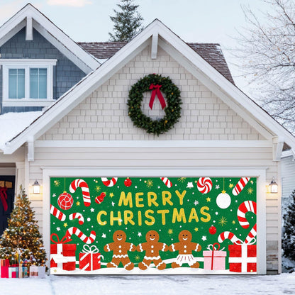 HOMETITUTE Merry Christmas Gingerbread Man Garage Door Banner 13x6ft Green Background Candy Gift Boxes Snowflakes Baubles Holiday Yard Display Photo Backdrop Outdoor Seasonal Decoration