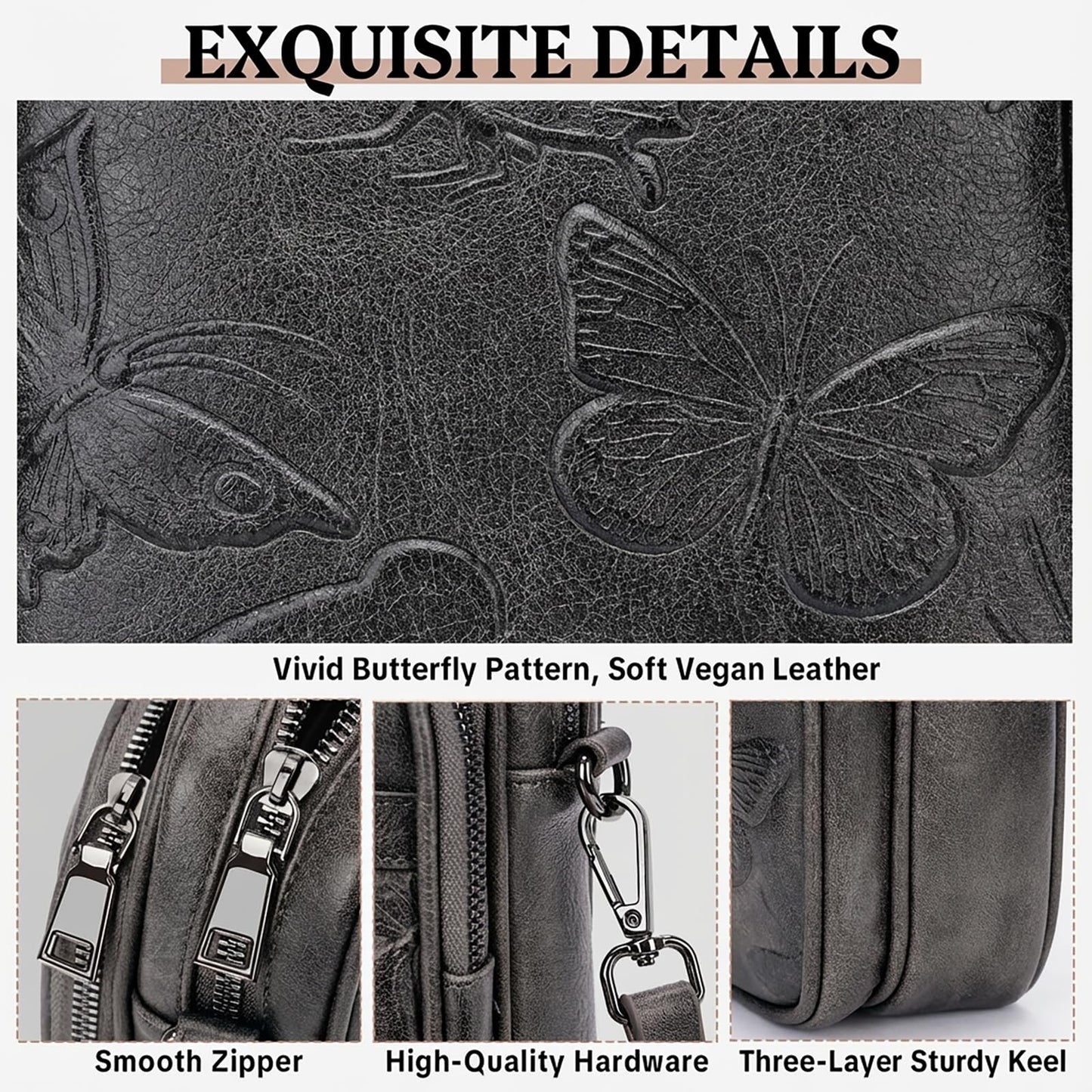 BELTANA Small Crossbody Bags for Women, Butterfly Vegan Leather Cell Phone Bag Trendy Wallet Purse with RFID Card Slots (Black Grey-Silver)