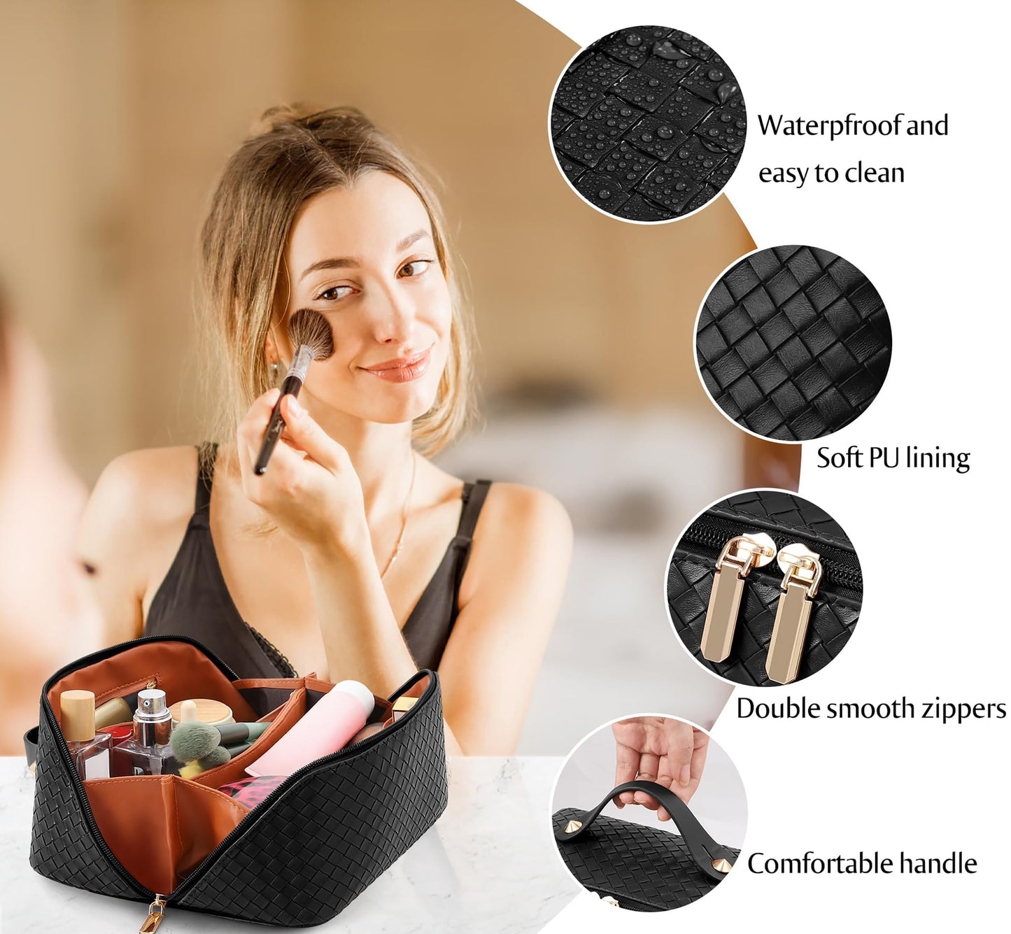 Large Capacity Travel Cosmetic Bag - PU Leather Makeup Organizer Bag Portable Woven Makeup Bags for Women Waterproof Travel Toiletry Bag with Divider Pouch, Black
