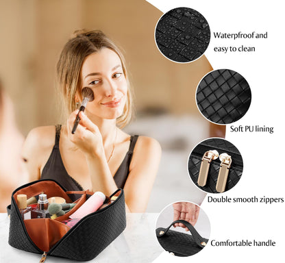 Large Capacity Travel Cosmetic Bag - PU Leather Makeup Organizer Bag Portable Woven Makeup Bags for Women Waterproof Travel Toiletry Bag with Divider Pouch, Black