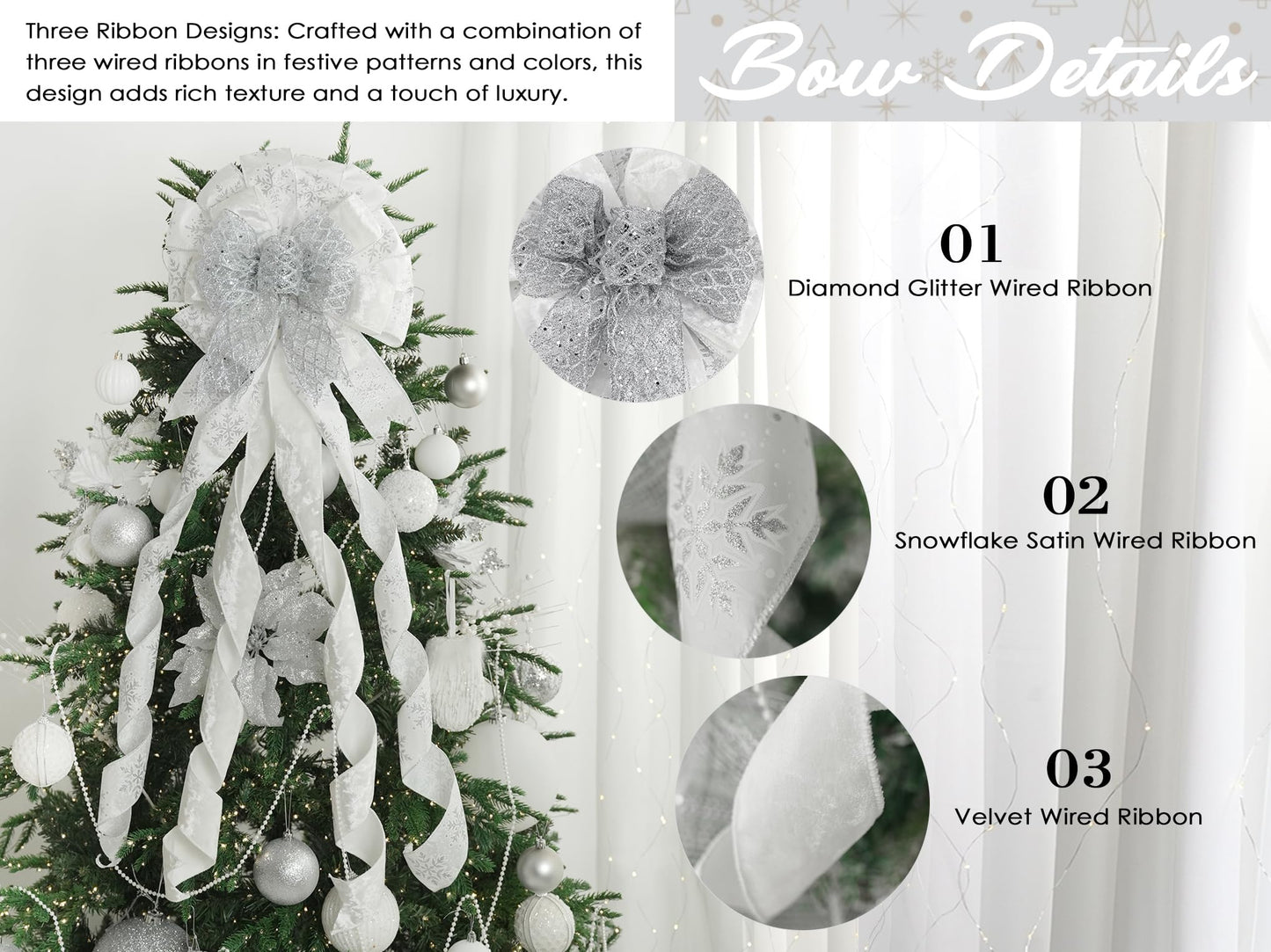 HUIHUANG Silver and White Christmas Tree Topper Bow 13 inch x 45 inch Large Glitter Christmas Bows Snowflake Velvet Bows for Christmas Tree Ornament, Wreaths, Staircase, Mantel, Home Decor