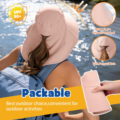 Sun Hat for Women with Neck Flap Ponytail Hole Women Sun Hat Rollable UV Protection Fishing Hat Wide Brim UPF 50+(Pink)